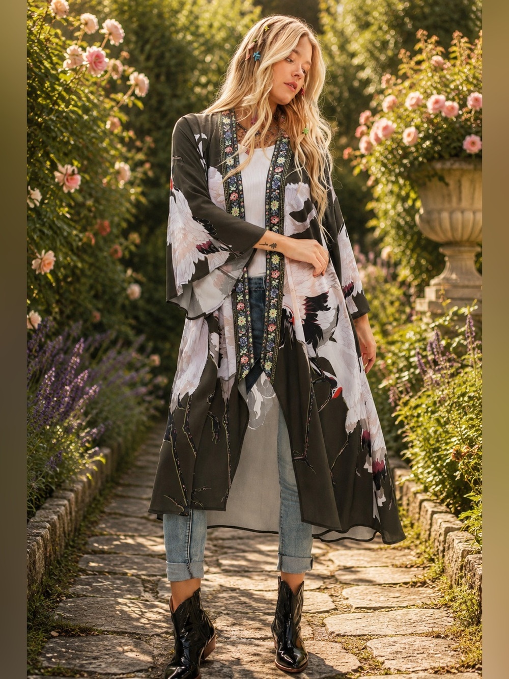 ❤️🔥 Aratta Story of the Crane Charcoal Kimono with White Crane Print A-54